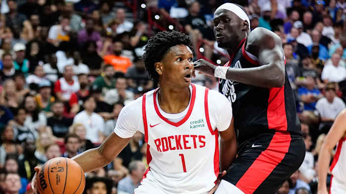 Houston Rockets guard Amen Thompson surveys the defense in Summer League